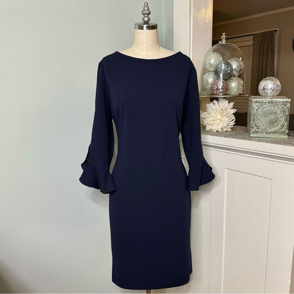 Karl Lagerfeld Navy Shift Dress with Tulip Bell Sleeves 12 Large - Picture 2 of 10